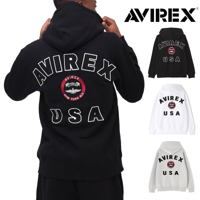 アヴィレックス アビレックス AVIREX バーシティ ロゴ スウェット ジップアップ パーカー VARSITY LOGO SWEAT ZIP UP PARKA 7834931002【メンズ レディース パーカ 裏起毛 冬 ゆったり フルジップパーカー ジップアップパーカー フード ワッペン ロゴ 大きいサイズ】