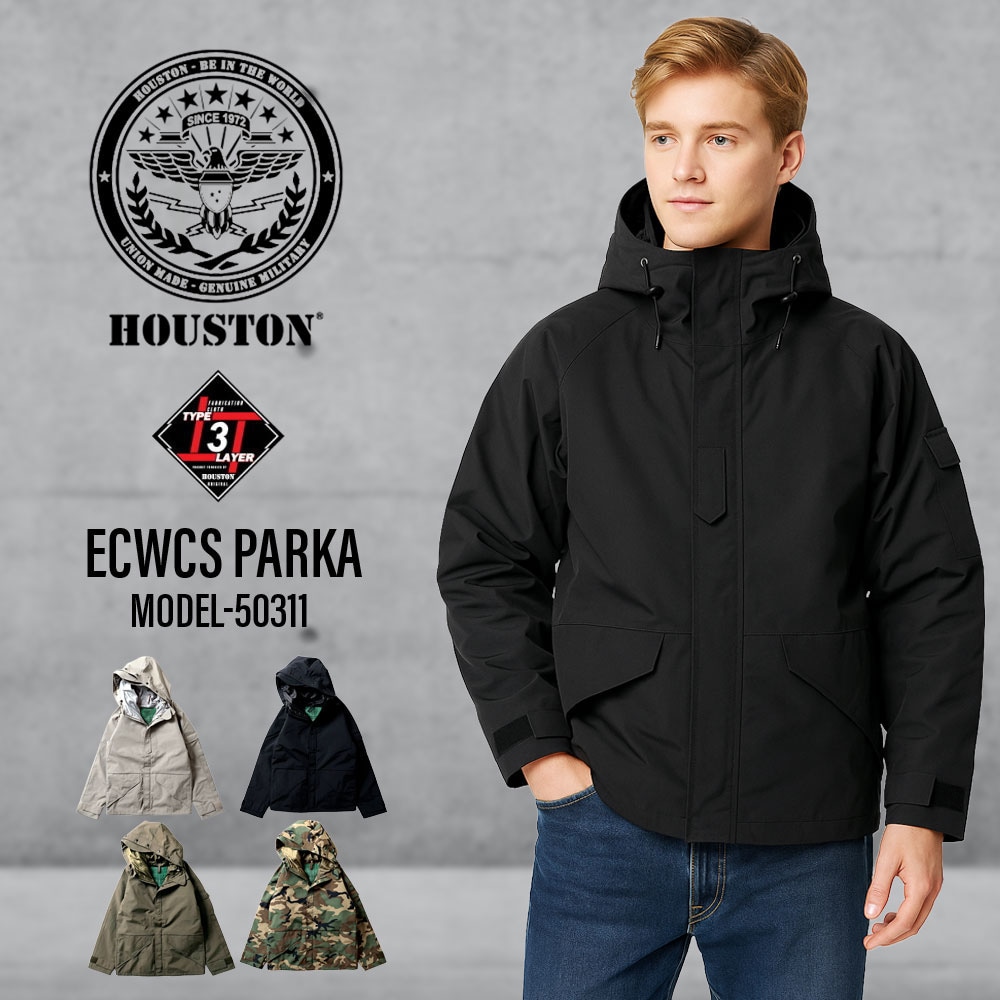 【5%OFFセール】ヒューストン HOUSTON ジャケット ECWCS パーカー ECWCS PARKA 50311【メンズ レデイース男女兼用 ミリタリージャケット 防寒 アウター フード付きジャケット ミリタリーパーカー ナイロンジャケット 防寒 防風 撥水 黒 迷彩 カモフラ】