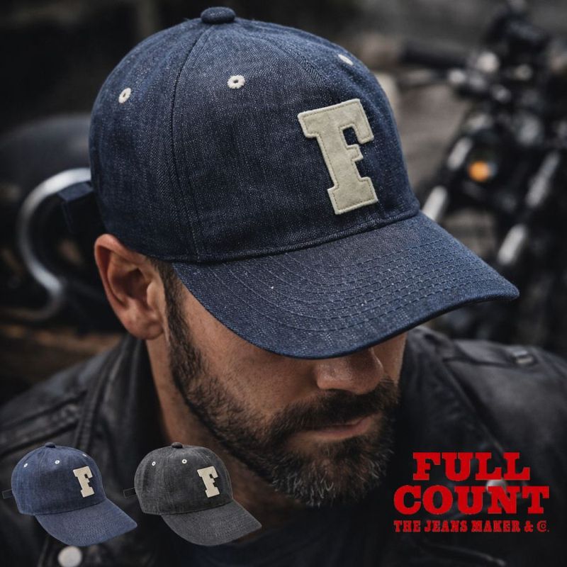 フルカウント FULL COUNT キャップ 6パネル デニム ベースボール エフ キャップ 6 Panel Denim Baseball F Cap 6843【メンズ レディースロゴ デニムキャップ ベースボールキャップ 野球帽 帽子 カーブバイザー ストラップバック アジャスター サイズ調整 アメカジ】