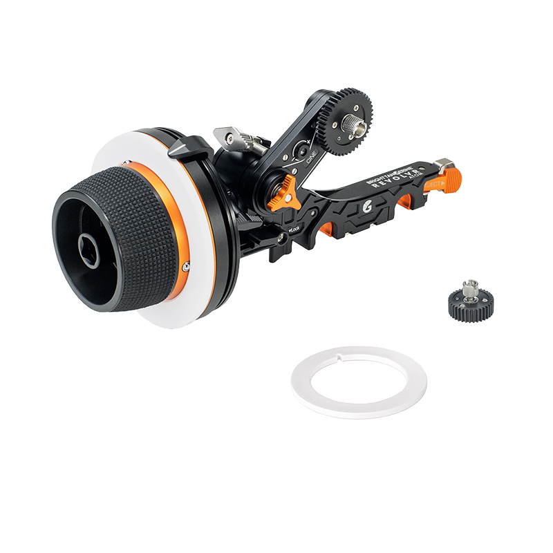 Revolvr Atom Cine Kit: 15mm Core Bridge, Revolvr Handwheel, Cine Swing arm, 2 Gear, 2 Marking Discs