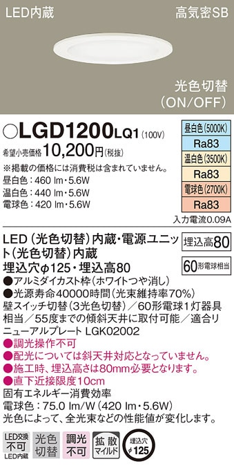 �p�i�\�j�b�N LGD1200LQ1 �_�E�����C�g60�`���F�g�UW Panasonic