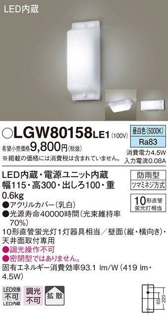 パナソニック LGW80158LE1 LEDブラケット直管10形昼白色 Panasonic