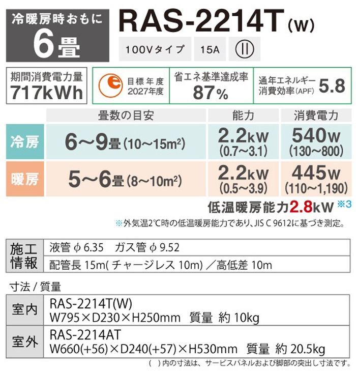 東芝 RAS-2214T-W ルームエアコン Tシリーズ 6畳用 2024年モデル