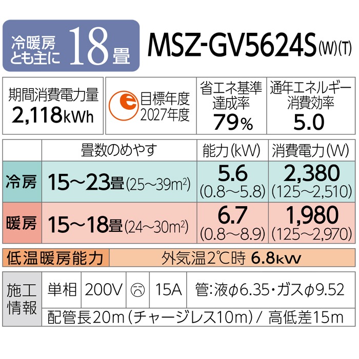 18畳用エアコン・三菱霧ヶ峰 MSZ-GV5624S-W [ピュアホワイト]広い 