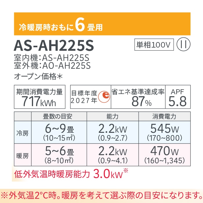 富士通ゼネラル AS-AH225S-W ルームエアコン ノクリア noctia AH
