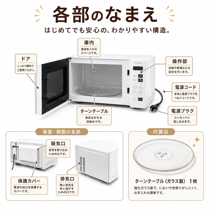 ユアサプライムス PRE-690HFG-W ヘルツフリー単機能電子レンジ 17L