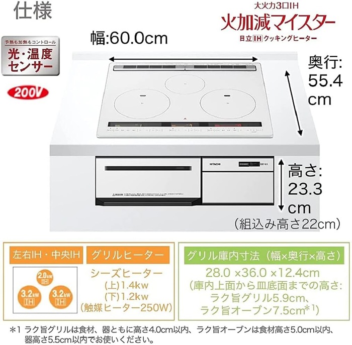 日立 HT-M100HTF(H) 3口IHクッキングヒーター ビルトイン 幅60cm 200V