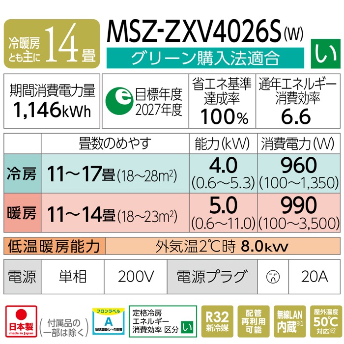 三菱電機 MSZ-ZXV4026S-W ルームエアコン 霧ヶ峰 Zシリーズ 冷暖房とも