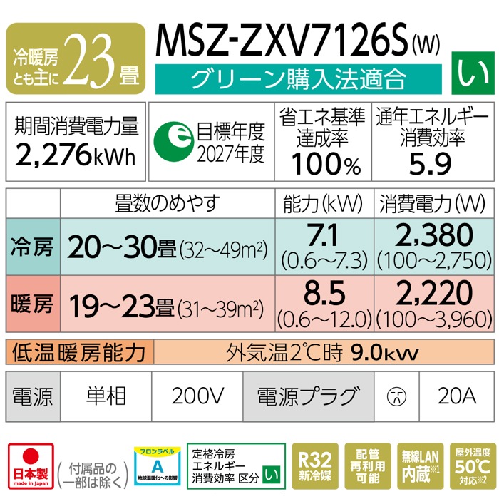 三菱電機 MSZ-ZXV7126S-W ルームエアコン 霧ヶ峰 Zシリーズ 冷暖房とも
