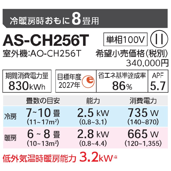 ゼネラル AS-CH256T-W インバーター冷暖房ルームエアコン ノクリア