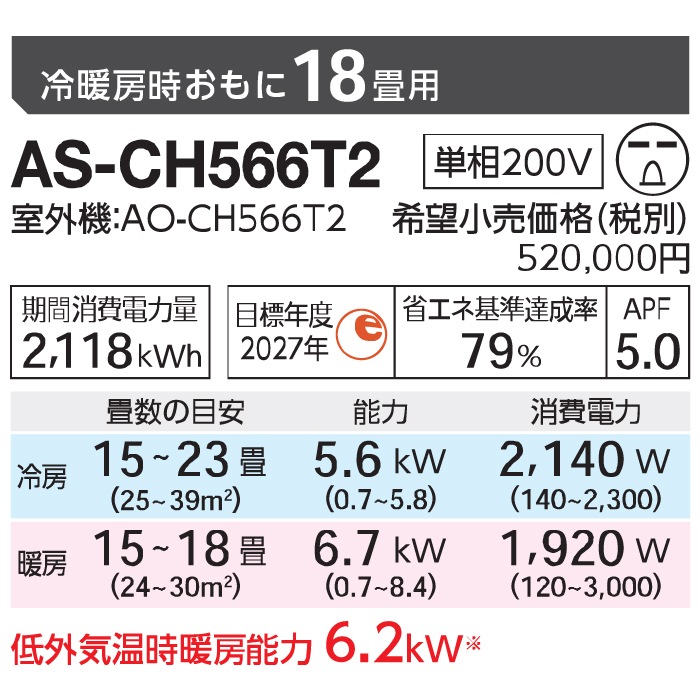 ゼネラル AS-CH566T2-W インバーター冷暖房ルームエアコン ノクリア