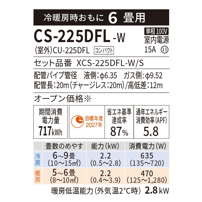 パナソニック CS-225DFL-W ルームエアコン エオリア eolia Fシリーズ