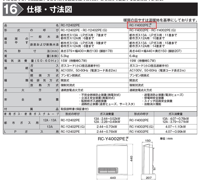 生活家電 ホワイトのガスファンヒーター、RC-Y4002PE-W、8kg、電源