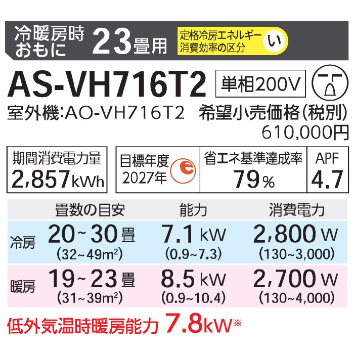ゼネラル AS-VH716T2-W インバーター冷暖房ルームエアコン ノクリア