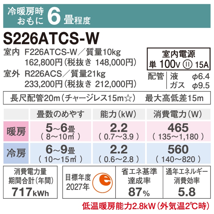 ダイキン工業 S226ATCS-W 壁掛形ルームエアコン CXシリーズ 6畳程度
