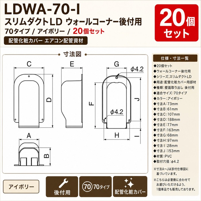 因幡電工 LDWA-70-I スリムダクトLD ウォールコーナー後付用 70タイプ