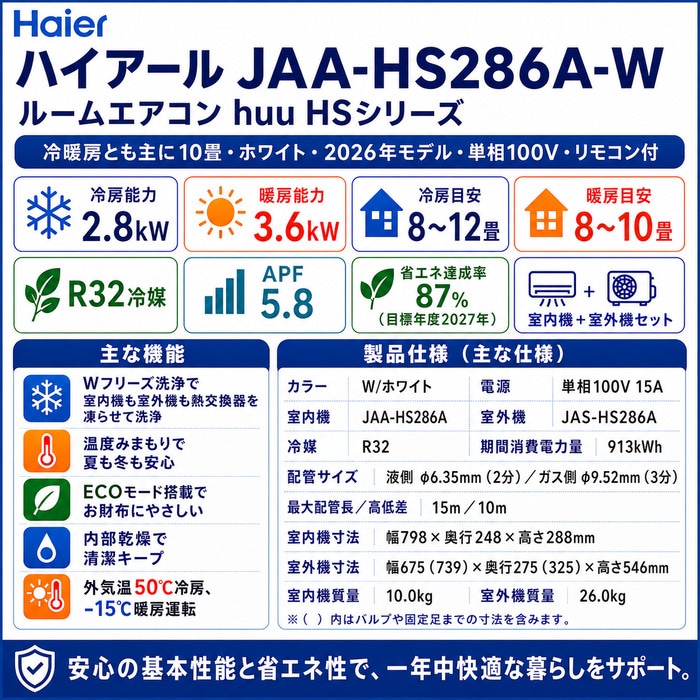 ハイアール JAA-HS286A-W ルームエアコン huu HSシリーズ 冷暖房とも主 