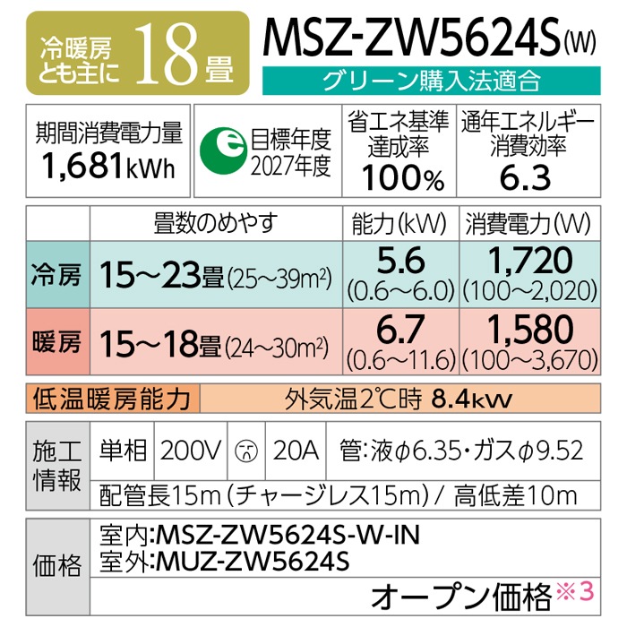 三菱電機 MSZ-ZW5624S-W ルームエアコン 霧ヶ峰 Zシリーズ 冷暖房とも