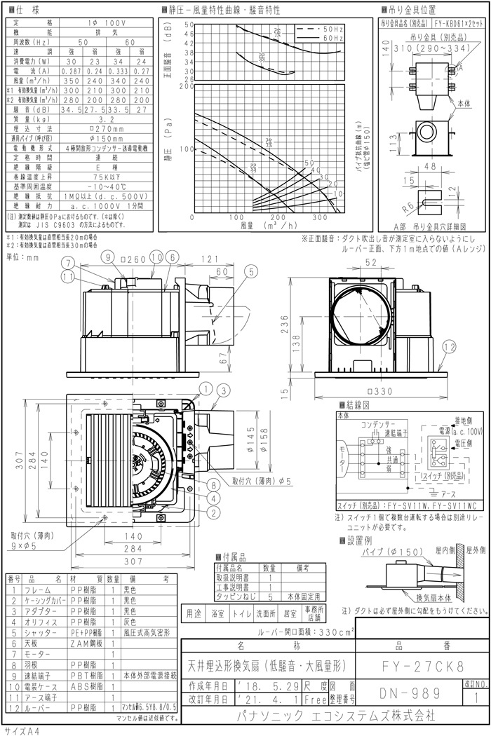 パナソニック FY-27CK8 天井埋込形換気扇 一室換気用 ルーバーセット