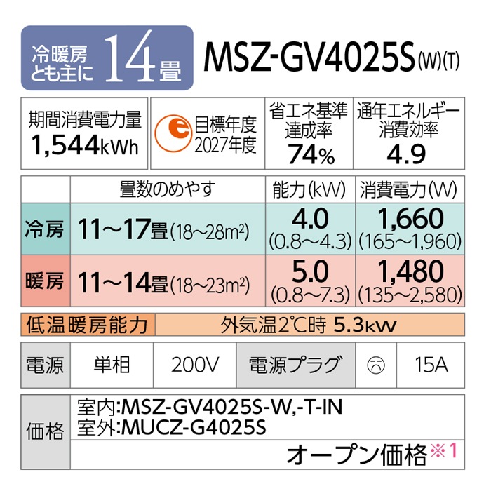 三菱電機 MSZ-GV4025S-W ルームエアコン 霧ヶ峰 GVシリーズ 冷暖房とも