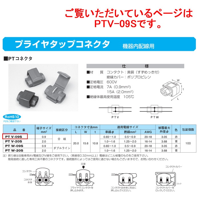 ニチフ プライヤタップコネクタ 機器内配線用 PTコネクタ 赤 PTV-09S