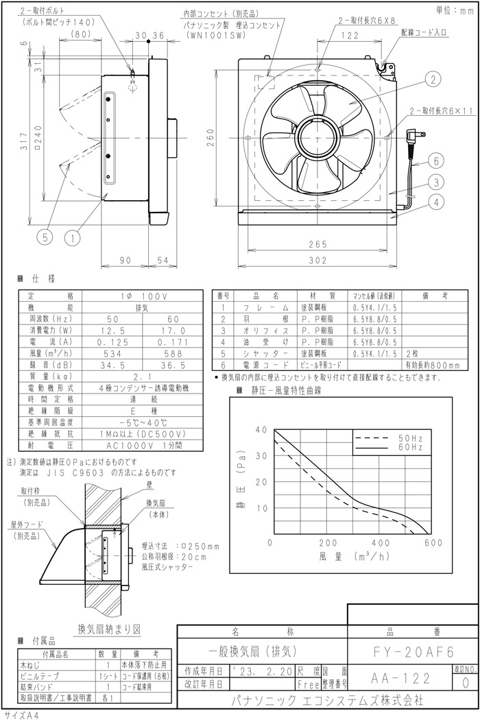 Panasonic FY-20AF5 換気扇 2023年製 パナソニック FY-20AF6 一般用・台所用換気扇 一般換気扇 (FY-20AF5の
