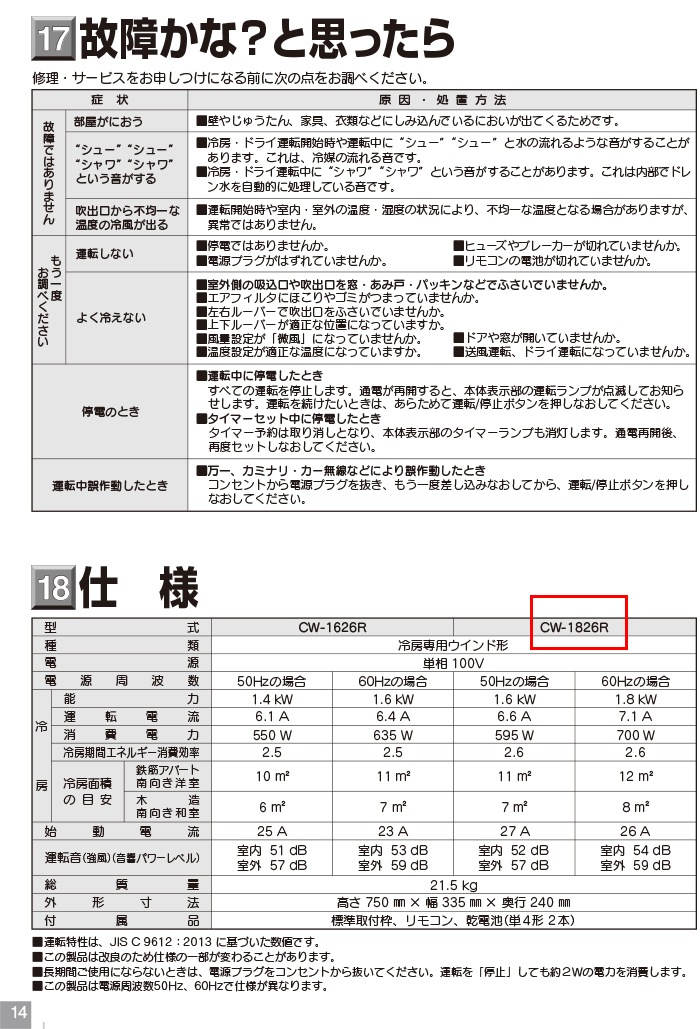 コロナ CW-1826R-W ウインドエアコンリララ(ReLaLa) 冷房専用 主に4.5