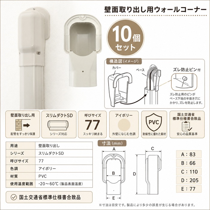 因幡電工 SW-77-I ウォールコーナー 壁面取り出し アイボリー 10個