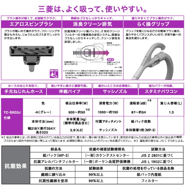 三菱電機 MITSUBISHI TC-SXG3J-H 掃除機 紙パック式 エアロスピン