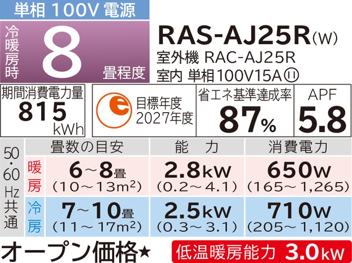 日立 RAS-AJ25R-W ルームエアコン 白くまくん AJシリーズ 主に8畳用