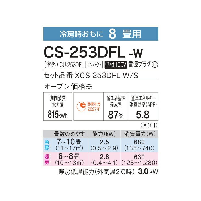 パナソニック CS-253DFL-W インバーター冷暖房除湿タイプ ルーム