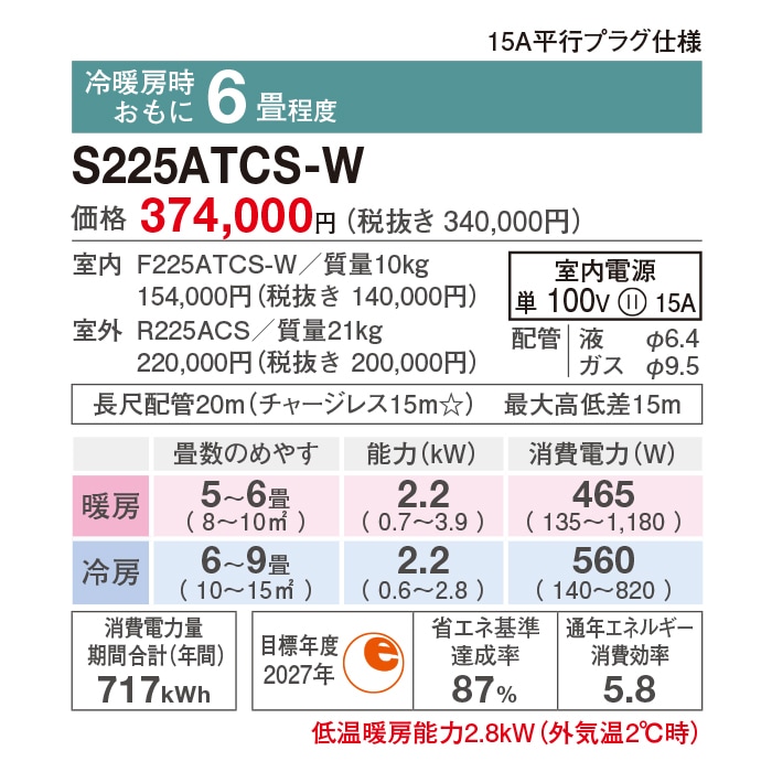 ダイキン工業 S225ATCS-W 壁掛形ルームエアコン CXシリーズ 6畳程度