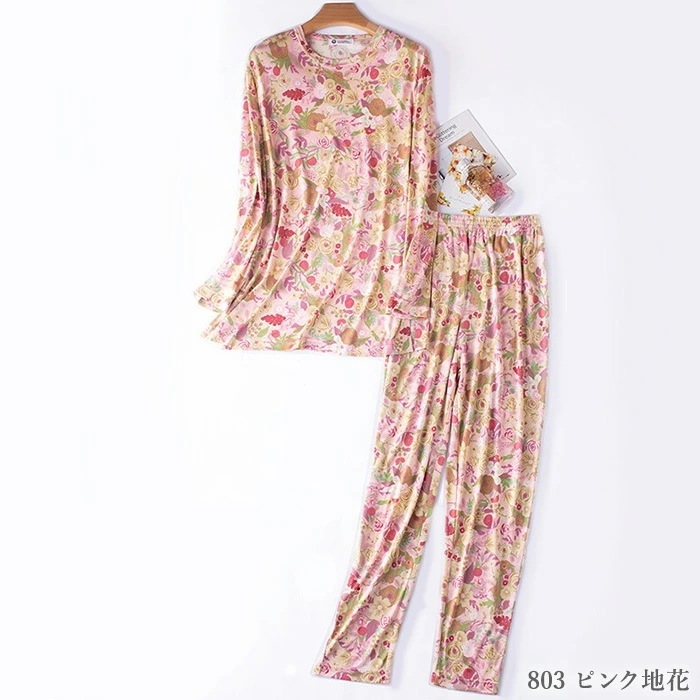 シルク100%絹 美肌保湿　丸首　長袖パジャマ　上下セット　F 花柄ピンク シルク100%絹 美肌保湿 丸首 長袖パジャマ 上下セット F 花柄黒 【公式