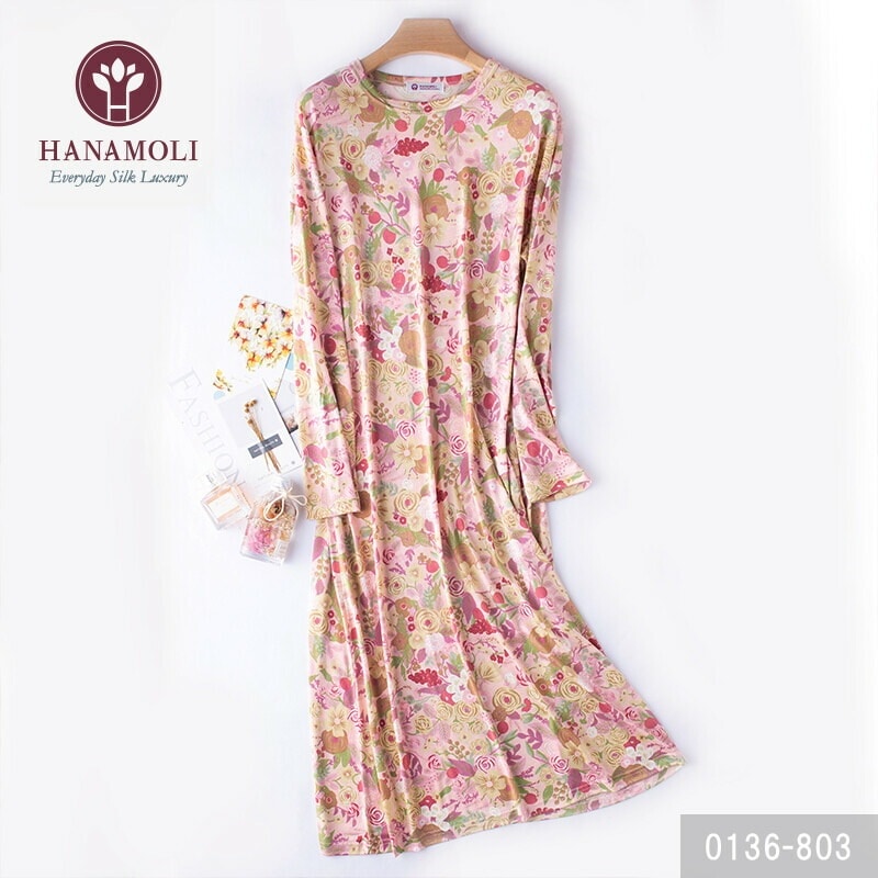 シルク100% 絹 婦人シルクニット長袖ワンピース HANAMOLI 長袖