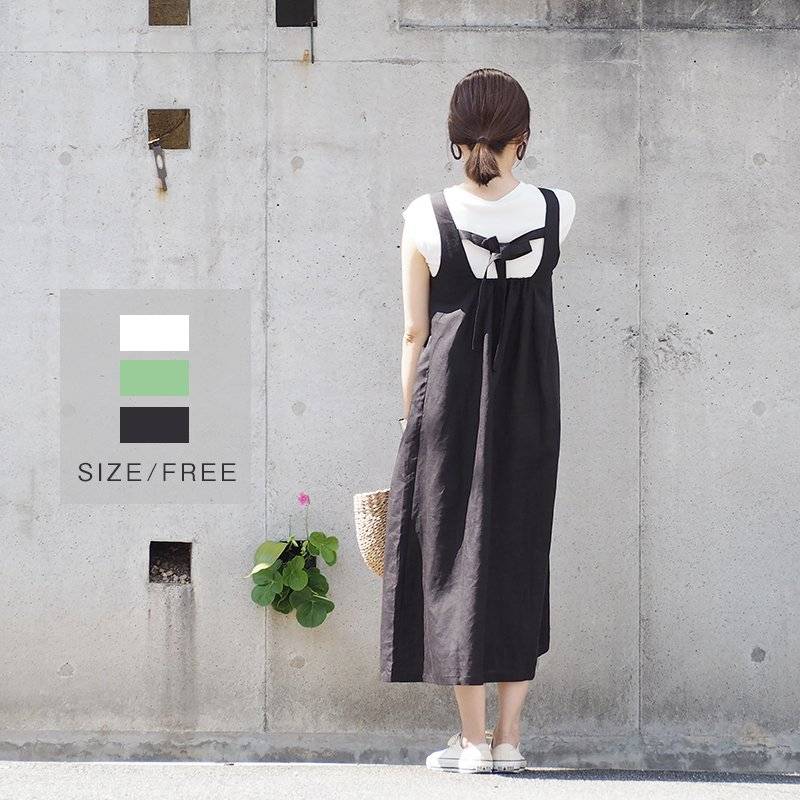 リネンバックリボンワンピース(white、mint)