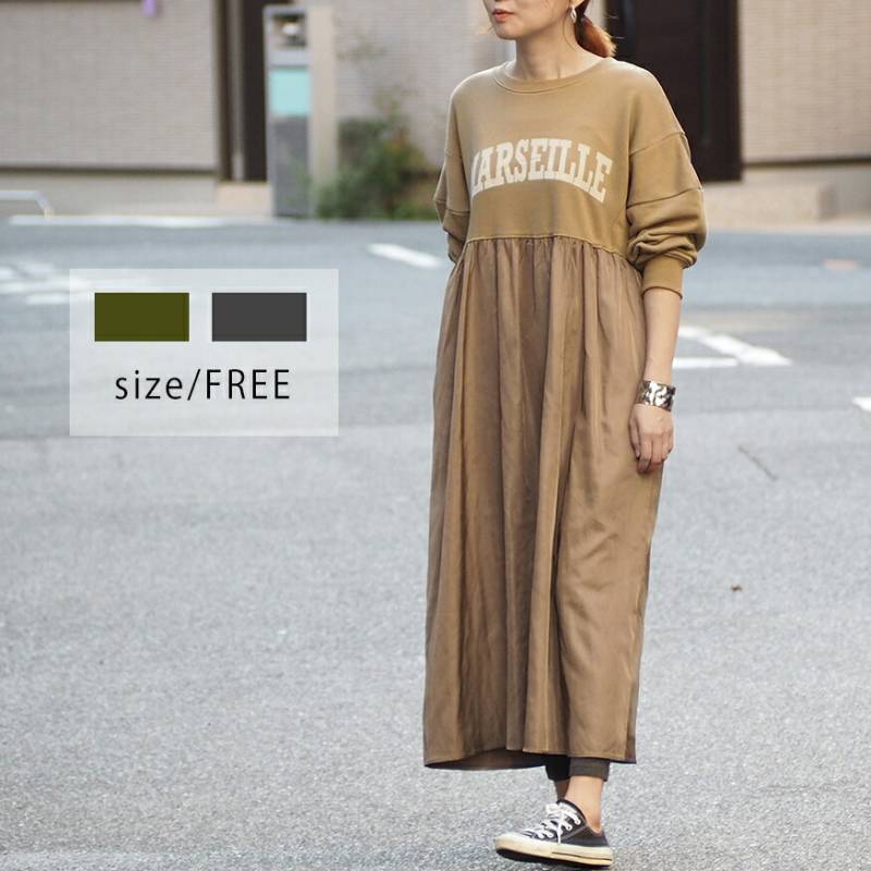 フロッキープリント裏毛ドッキングワンピース(khaki)