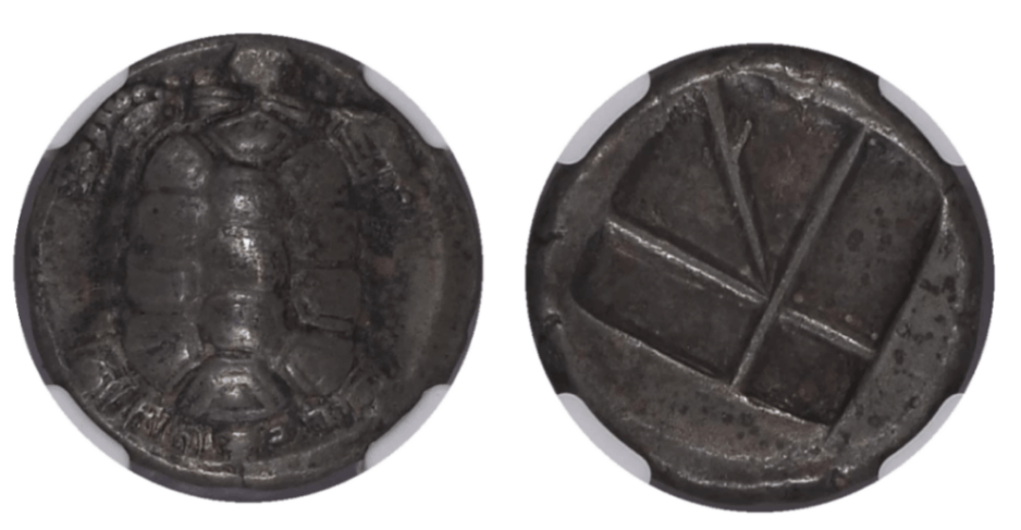 【Ch XF 5/5 4/5】紀元前350年?338年 古代ギリシア エギナ島 陸亀の甲羅 スターテル銀貨