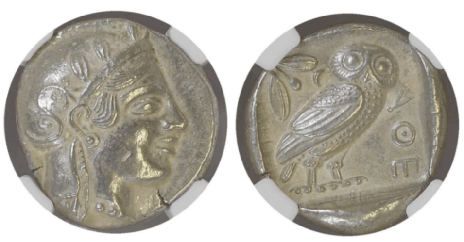 【Ch AU 5/5 4/5】紀元前455年?440年 古代ギリシア アッティカ 女神アテネ テトラドラクマ フクロウ銀貨