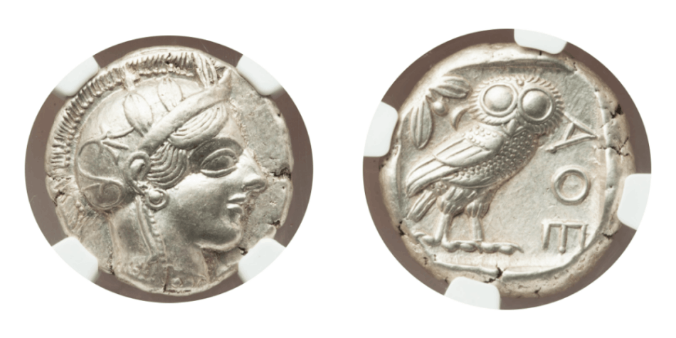 【AU★ 5/5 4/5】紀元前440年?404年 古代ギリシャ アッティカ 女神アテナ テトラドラクマ フクロウ銀貨