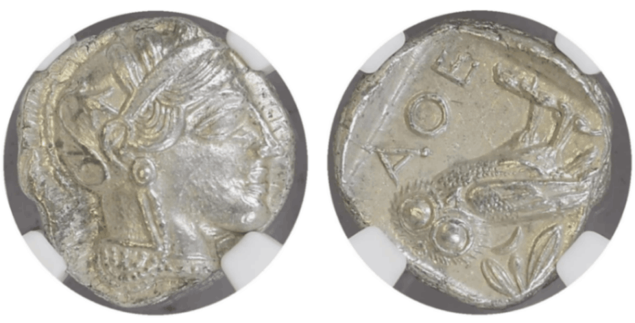 【Ch AU 4/5 3/5】紀元前440年?404年 古代ギリシャ アッティカ 女神アテナ テトラドラクマ フクロウ銀貨