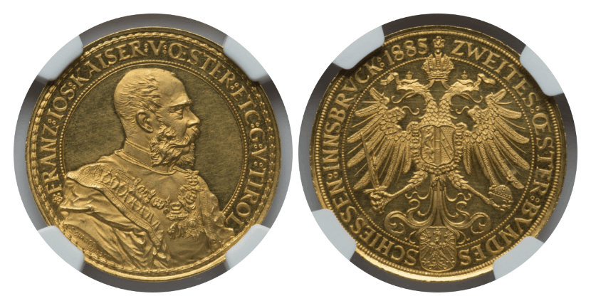 【PF62 ULTRA CAMEO】1885年 オーストリア フランツ・ヨーゼフ1世 インスブルック射撃祭 4ダカット金貨