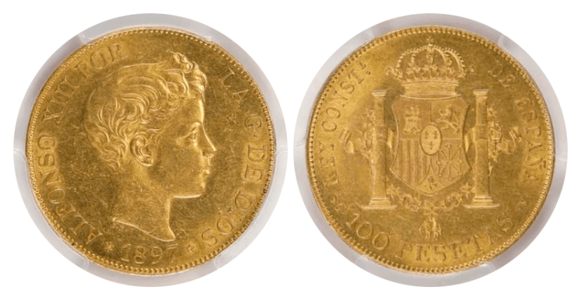 【MS62】1897年 スペイン アルフォンソ13世 100ペセタ金貨