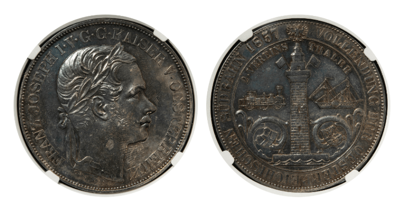 【PF60】1857年 オーストリア フランツ・ヨーゼフ1世 ウィーン・トリエステ鉄道開通記念  2ターラー銀貨