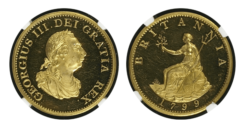 【PR63 ULTRA CAMEO】1799年 イギリス ジョージ3世  ハーフペニー金メッキ銅貨