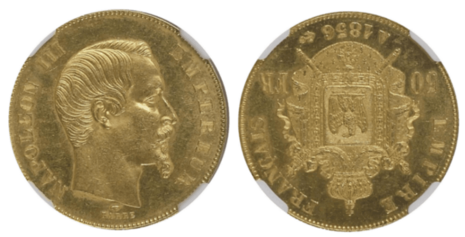 【MS63】1856年A 第二帝政フランス ナポレオン3世 50フラン金貨