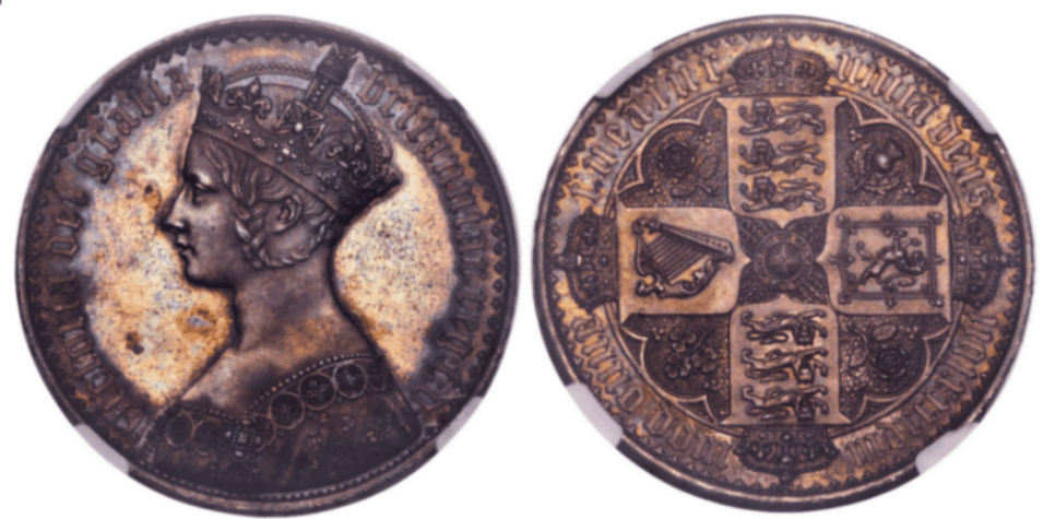 【PF63】1847年 イギリス ヴィクトリア女王 ゴチッククラウン銀貨 アンデシモエッヂ