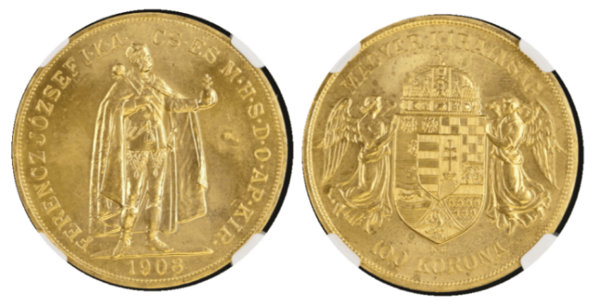 【MS67】1908年 ハンガリー フランツ・ヨーゼフ1世 リストライク 100コロナ金貨