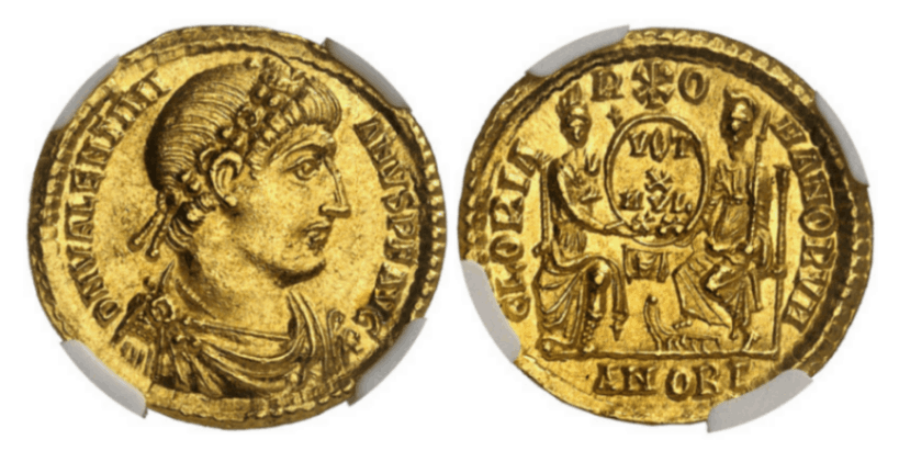 【MS 5/5 4/5】364年?375年 古代西ローマ帝国  ウァレンティニアヌス1世 ソリダス金貨