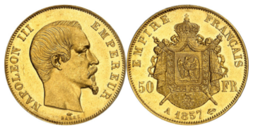 【MS62】1857年A フランス 第二帝政 ナポレオン3世 無冠 50フラン金貨