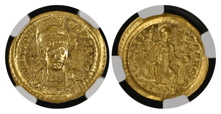 【MS 5/5 4/5】393年～423年 西ローマ帝国 ホノリウス帝 ソリダス金貨